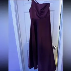 one shoulder satin a-line long bridesmaid dress wine